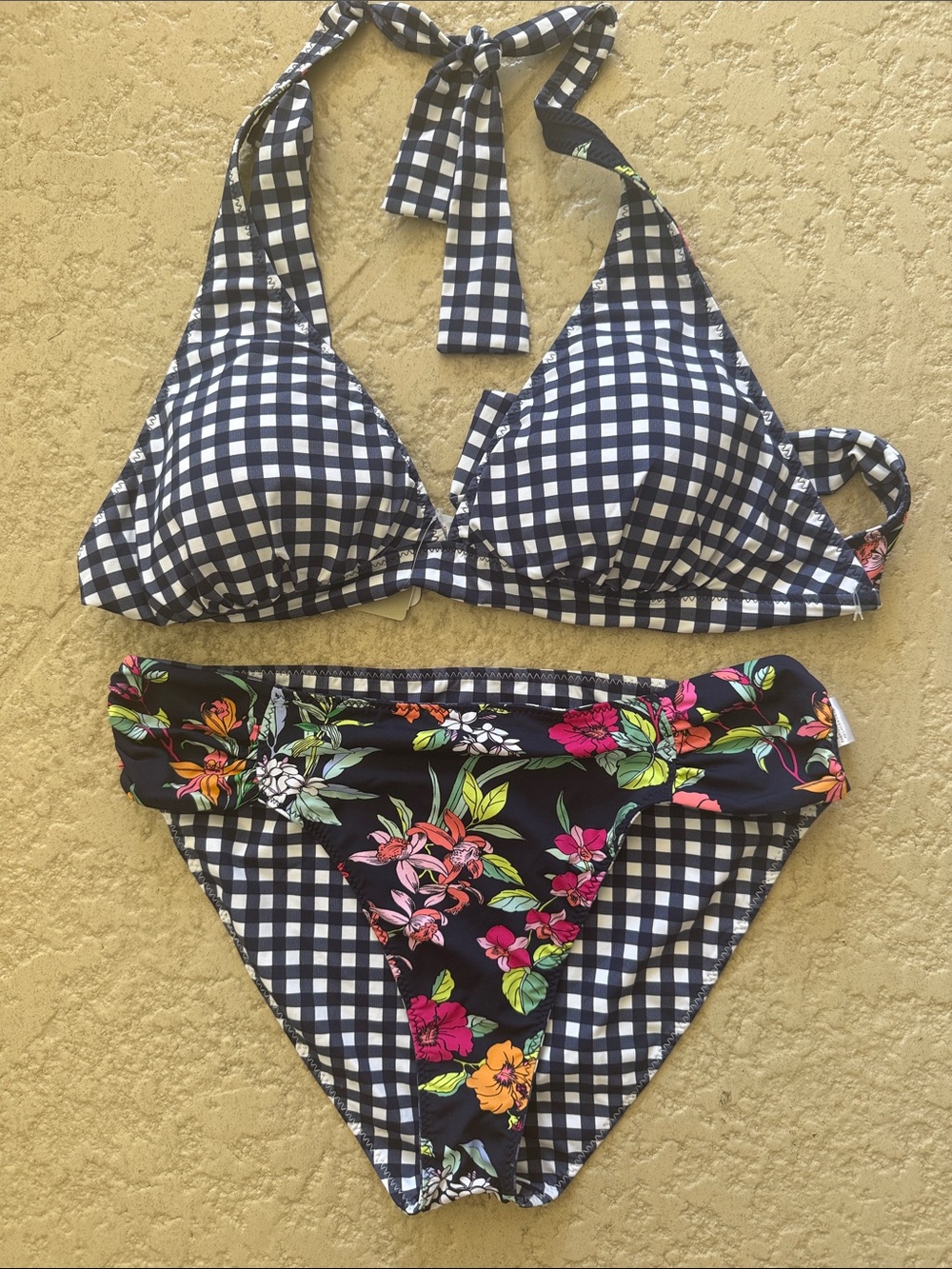 Tommy Bahama Blue and White Gingham Halter Bikini with Floral Bikini Bottoms